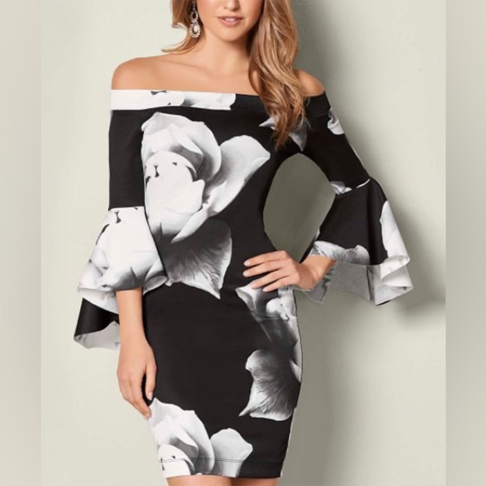 Floral Bell Sleeve Off The Shoulder Dress Venus Black White Floral Size Medium